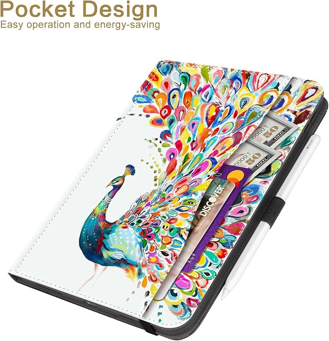 Vimorco Case for iPad (A16) 11th Generation 2025, for iPad 11th/10th Generation Case, Pencil Holder & Hand Strap & Pocket, Multiple Stand Protector PU Leather Shell Cover, Auto Wake/Sleep, Peacock