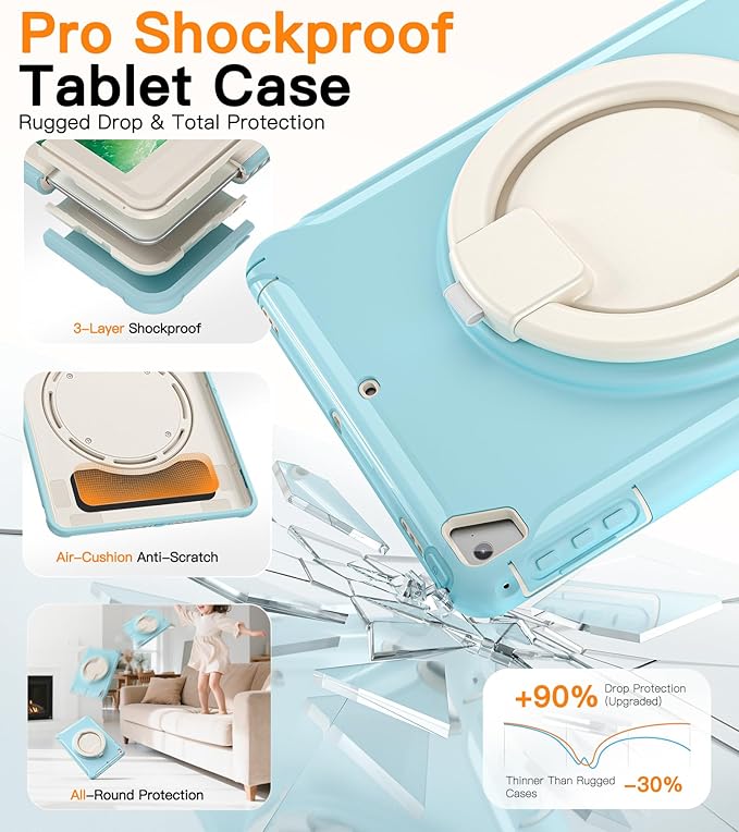 BATYUE Case for iPad 6th Generation 9.7 inch 2018, iPad 5th Gen 2017, iPad Air 2/ iPad Pro 9.7'',Shockproof Protective Cover with Pencil Holder &Rotating Kickstand,for Kids,Boys,Girls (Frozen Blue)