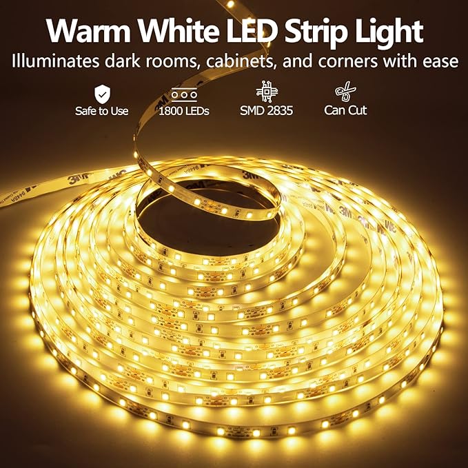LED Strip Lights 100ft Dimmable 3000K Bright Warm White Strip Lighting, 30M 1800 LEDs 2835 Flexible Ribbon Light 12V LEDs Tape LED Lights for Bedroom Kitchen Home Decoration