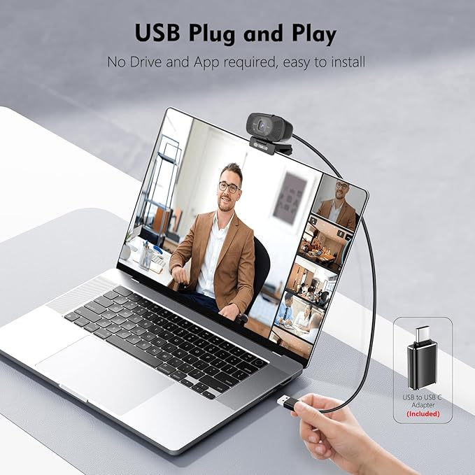 TOALLIN 1080P Full HD Webcam with Dual Microphones, Computer Web Camera, 90° Wide Angle View Without Distortion, USB Plug and Play Webcam for Video Conferencing/Online Calling/Live Streaming