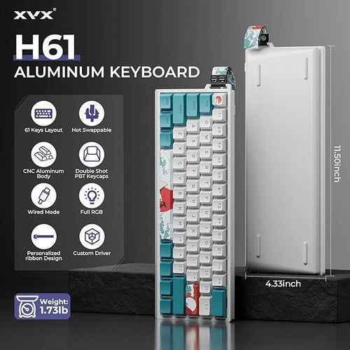 HITIME x XVX 60% Percent Keyboard with Strap, H61 Wired Aluminum Gaming Keyboard, Hot Swappable, Kanagawa Anime PBT Keycaps, RGB Backlit, Cherry Profile, Sound Absorbing Pads, Creamy Linear Switch