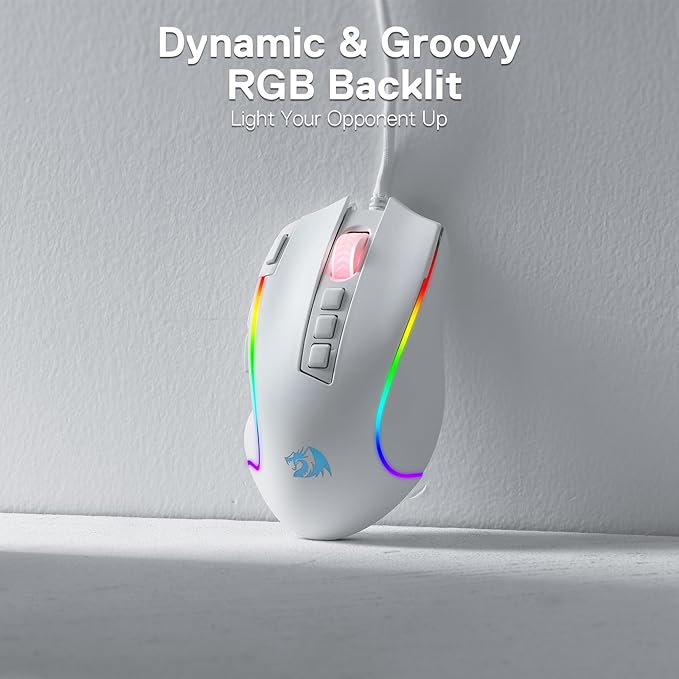 Redragon M612 Predator RGB Gaming Mouse, 8000 DPI Wired Optical Mouse with 11 Programmable Buttons & 5 Backlit Modes, Software Supports DIY Keybinds Rapid Fire Button, White