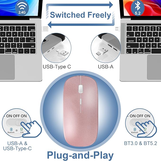 Kovess Wireless Bluetooth Mouse for Mac Air MacBook Pro Laptop PC Pad Optical Rechargeable Silent Mouse with Jiggler Mode Dual Mode Switch Bluetooth 5.2/3.0 and 2.4G USB-A & USB-C Receiver Rose Gold