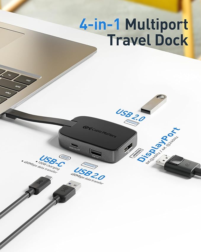 Cable Matters 4K@240Hz USB C Hub DisplayPort 1.4 with 100W Charging, Support 8K@60Hz, HDR(Foldable USB C to DisplayPort Hub) Compatible with Thunderbolt 4, MacBook, XPS, iPad Pro, iPhone 16/15 Pro