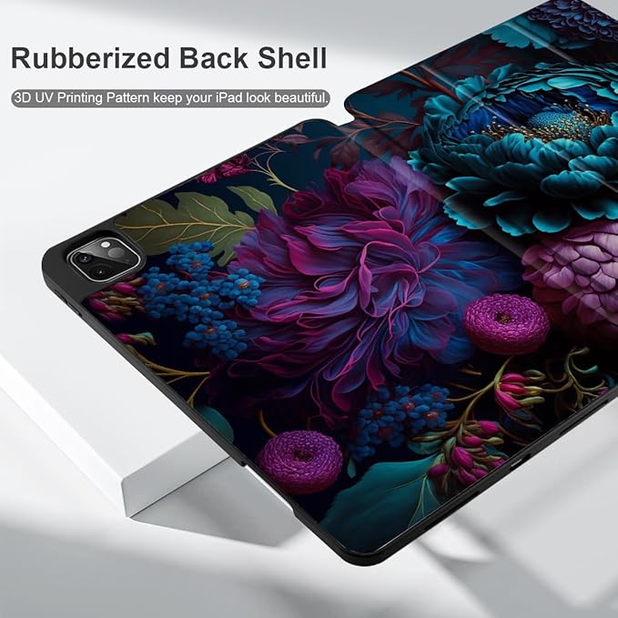 MEEgoodo for iPad Pro M2 12.9 Case 6th/5th/4th/3rd Generation 2022 2021 2020 2018 with Pencil Holder, Tablet Cover with TPU Back Shell, Beautiful Fantasy Flower