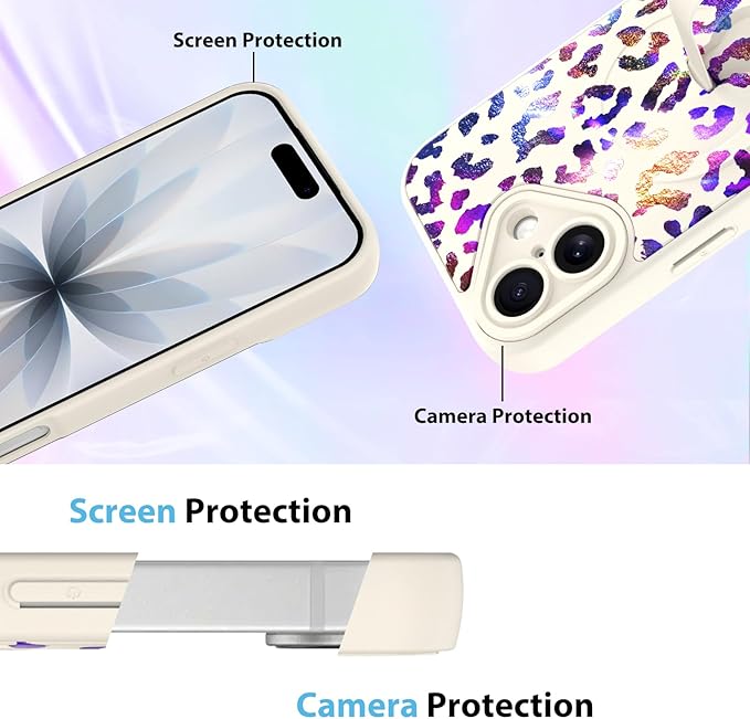 KANGHAR Compatible with iPhone 17 Case, Support for MagSafe, Silicone Cute Iridescent Leopard Cheetah Pattern, Wristband Kickstand Shockproof Protective Slim Cover for Women Girls, White
