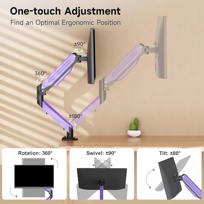 Suptek Monitor Mount Gas Spring Monitor Arm Desk Mount Fully Adjustable Fits 17-35 inch Monitors Weight Capacity up to 24.25 lbs, Black+Purple