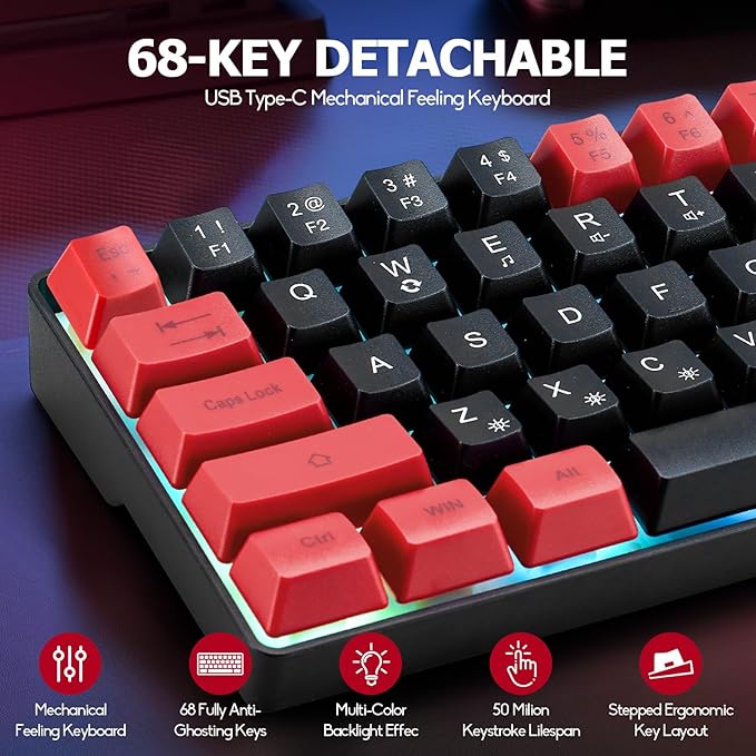 Guiheng Wired 60% Gaming Keyboard and Mouse Combo, Ultra-Compact 61 Keys RGB Backlit Mini Keyboard, Lightweight 3200 DPI Optical, Wired Gaming Set for Windows,PC, MAC PS5 Xbox Gamer(Black and Red)