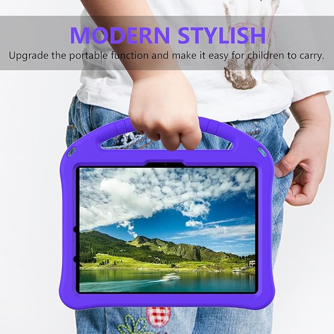 Kids Case for iPad Air 11 inch M4/M3/M2 (2026/2025/2024) with Pencil Holder/Shockproof Handle/Kickstand/Slim Lightweight Soft EVA Foam Folio Stand Tablet Protective Girls Boys Cover, Purple