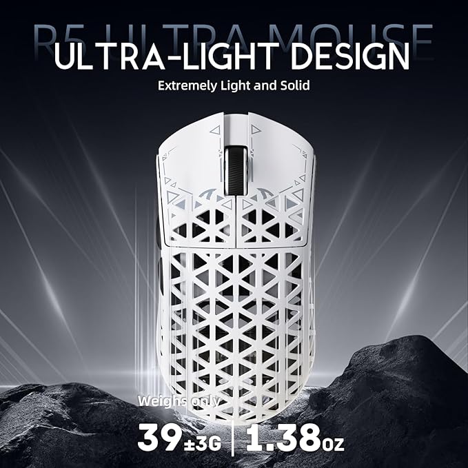 ATTACK SHARK R5Ultra 8K Carbon Fiber Wireless Gaming Mouse with 42000 DPI -PAW3950 MAX Sensor -39g Ultra-Lightweight-Nordic 52840 MCU Chip-Wired/BT/2.4GHz Wirelss Programmable Mouse for PC/Mac (White)