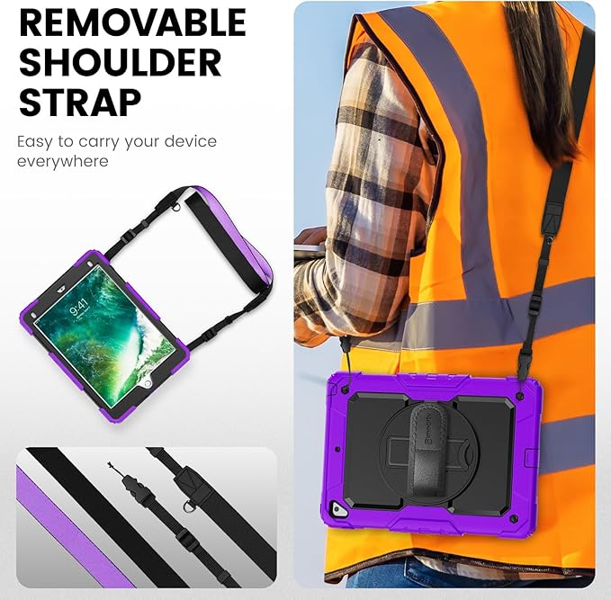 Timecity Compatible with iPad 9.7 Inch (for iPad 6th/5th Generation, iPad Air2, iPad Pro 9.7) Full-Body Silicone+PC Protective Case with Rotating Stand/Strap - Purple