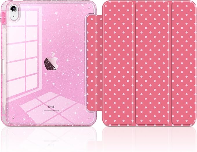 DONGKE for iPad Pro 11 inch Case – Fits M5 2025 / M4 2024, Shockproof Sparkling Glitter Acrylic Back, Pencil Holder, Trifold Stand, Auto Sleep/Wake & Touch ID Support - Dark Pink Polka Dot