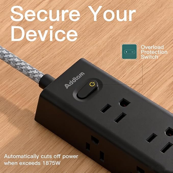 Addtam Black Power Strip Surge Protector with 12 AC Outlets & 4 USB Ports, 5FT Extension Cord, Flat Plug Wall Mount, 1050J, Desk Charging Station for Home Office Gaming Setup, ETL Listed