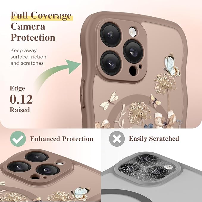 GVIEWIN for iPhone 14 Pro Case Compatible with MagSafe [Curly Wave Edge][Full Camera Protection] Floral Translucent Shockproof Magnetic Women Phone Case for 14 Pro, Autumnflit/Brown