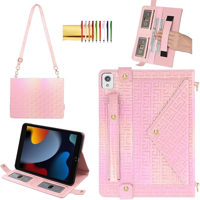 Shiny Case for iPad 6th/5th Gen 9.7 Inch (2018/2017), iPad Pro 9.7"/Air 2, Techcircle Crossbody Iridescent Folio Stand Multi-Pocket Wallet Case with Pencil Holder+Hand/Shoulder Strap, Shiny Pink