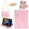 Shiny Case for iPad 6th/5th Gen 9.7 Inch (2018/2017), iPad Pro 9.7"/Air 2, Techcircle Crossbody Iridescent Folio Stand Multi-Pocket Wallet Case with Pencil Holder+Hand/Shoulder Strap, Shiny Pink