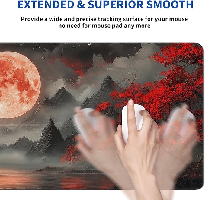 Darkness Red Moon Mouse Pad Abstract Red Mouse Pad 31.5x11.8 Inch Texture Non-Slip Rubber Base Large Mousepad Stitched Edges Keyboard Mouse Mat Desk Pad for Office and Home