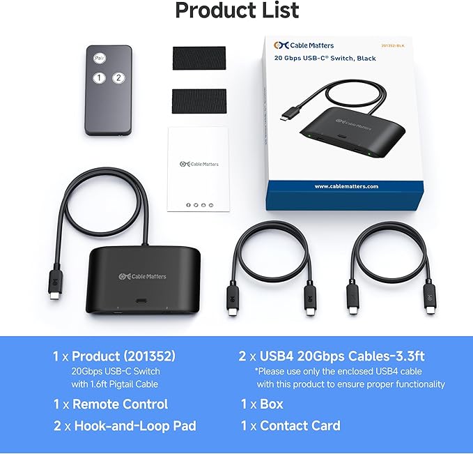 Cable Matters 20Gbps USB C Switch for 2 Computers, Up to 8K@30Hz on Windows, 4K@60Hz on macOS, 140W PD, for Sharing a USB-C/Thunderbolt 4 Monitor or Dock (Not Work with Captive Cable Docks), Black
