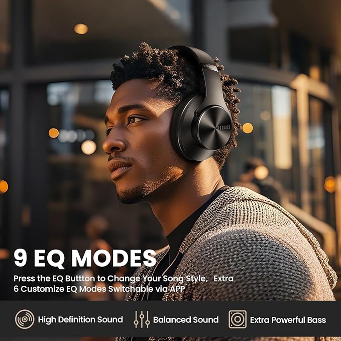 DOQAUS Bluetooth Headphones Over Ear, 90H Playtime Wireless Headphones with App Control, 9 EQ, Deep Bass, HiFi Stereo Sound, Headset for Travel Commute Gym and Study, Foldable Memory Foam