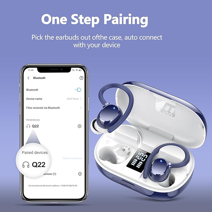 hadbleng Ear Buds Wireless Earbuds Bluetooth Headphones with 128H Playtime LED Digital Display Charging Case, Over-Ear Hook with Mic, Stereo Sound, IPX7 Waterproof Earphones for Workout/Running