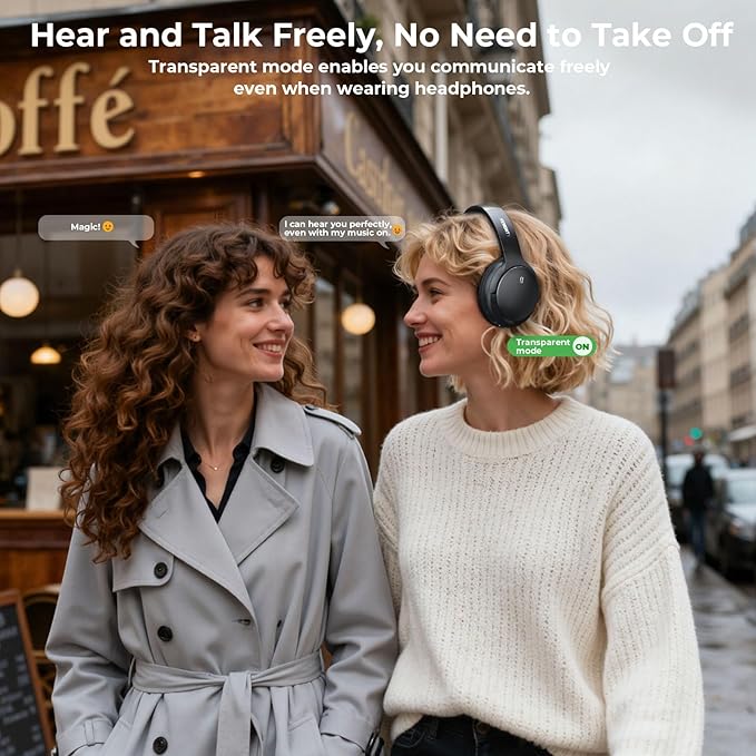 Hybrid Active Noise Cancelling Headphones, Wireless Bluetooth 5.4 Over Ear Headphones & Fast Charging, Hi-Res Audio, Deep Bass, Transparency Mode, 70h Playtime, Comfort for Travel/Office/Home