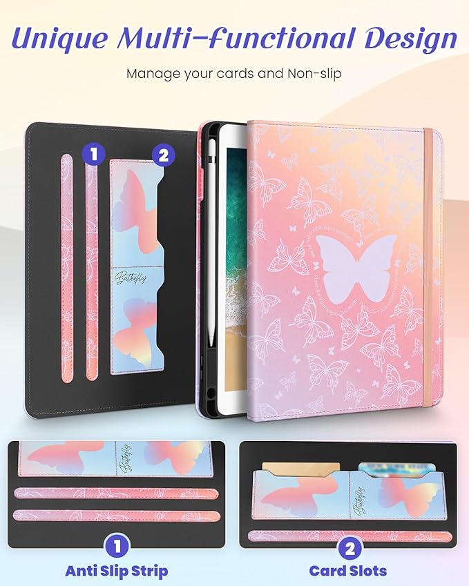 Kidcube for iPad 5th Generation Case 2017/Air 1st 2013/Pro 9.7 Inch Case 2016 - Women Girls Kids Cute Rotating Stand Folio Cover with Pencil Holder & Card Slot Girly Kawaii Butterfly Design Cover