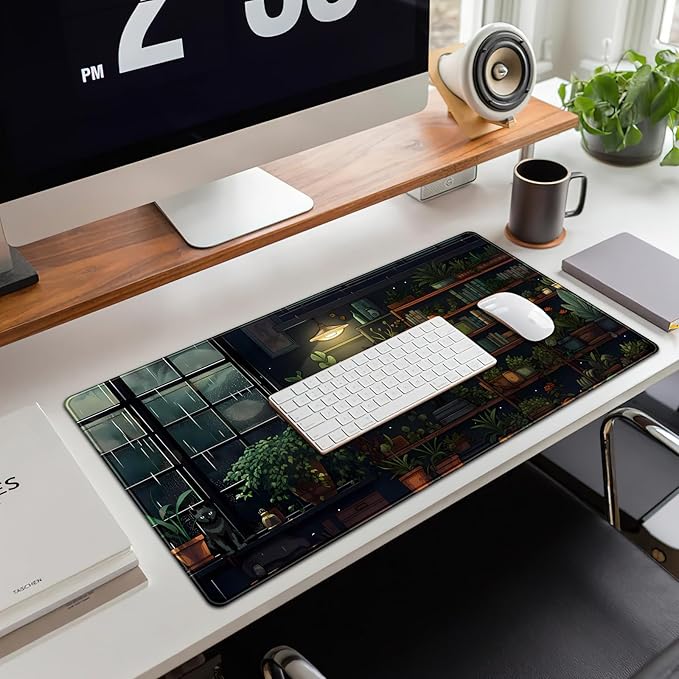 Lofi Cat Desk Mat Dark Green Plant Books Desk Pad Black Cat Aesthetic Anime Big Mouse Pad Large Gaming Mousepad XL Cool Keyboard Pad Deskmat Laptop Computer Mouse Mat 31.5X 15.7in