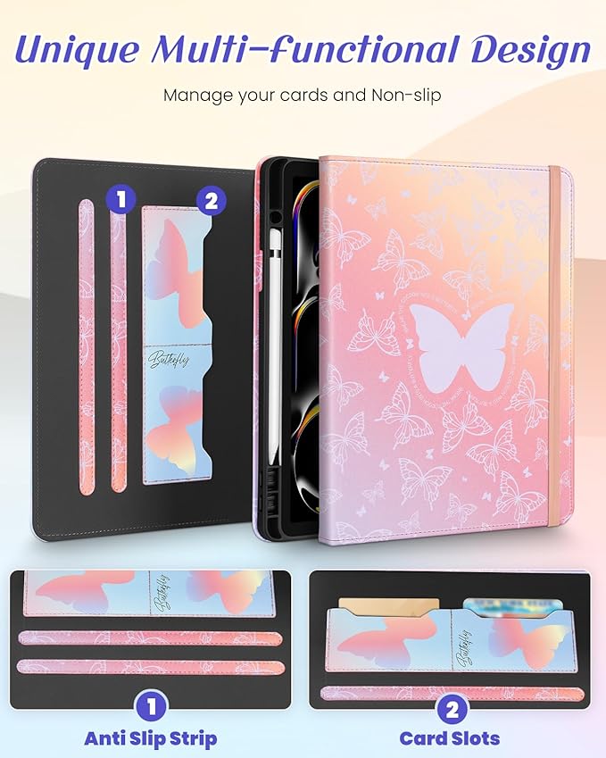 Kidcube for iPad Pro 13 Inch Case M4 2024 - Women Girls Kids Cute Rotating Stand Folio Cover with Pencil Holder & Card Slot Kawaii Butterfly Design for iPad Pro 13 Inch Case 2024 (A2925 A2926 A3007)