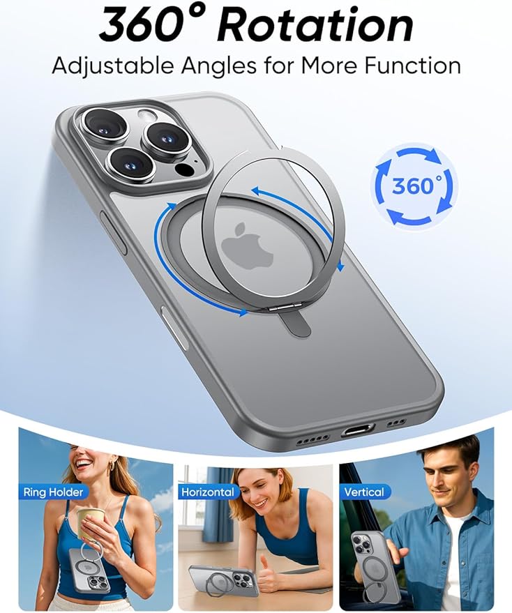 MAGIC JOHN 360° Rotatable Magnetic Invisible Stand for iPhone 16 Pro Case [Camera Control Button] [Compatible with MagSafe] 16FT Shockproof for iPhone 16 Pro Case with Kickstand, Gray