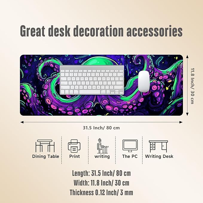 Extended Gaming Mouse Pad, Large Mouse Mat 3 mm Nature Rubber Base Mousepad with Stitched Edges, Non-Slip Desk Mat for Office Home Great Gift 31.5x11.8 Inch (Dark Octopus)