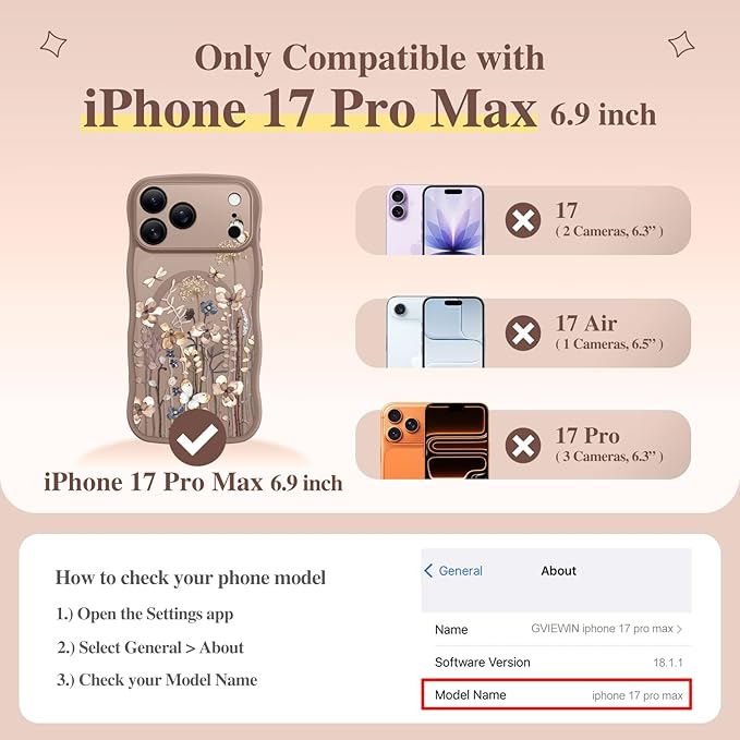 GVIEWIN for iPhone 17 Pro Max Case Compatible with MagSafe [Curly Wave Edge][Full Camera Protection] Floral Translucent Shockproof Magnetic Women Phone Case for 17 Pro Max, Autumnflit/Brown