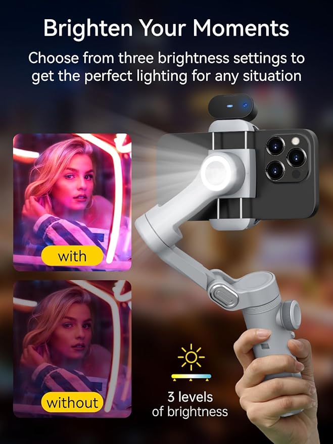 AOCHUAN 3-Axis Phone Gimbal, Gimbal Stabilizer for iPhone w/AI Vision Sensor, Portable for iPhone/Andriod, Phone Stabilizer Built in Fill Light Perfect for TikTok YouTube-Smart XPro AI Grey