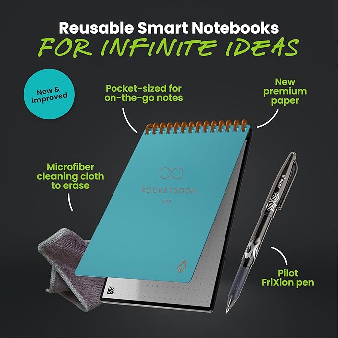 Rocketbook Mini Reusable Smart Notepad, Pocket Size On-The-Go Notebook, 3.5x5.5, Teal (Pack of 1)
