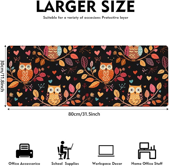Colorful Owl and Heart Gaming Mouse Pad, Large Desk Mat with Autumn Leaves for Laptop Keyboard Computer, Non-Slip Rubber Base Desktop Extended Mousepad for Office Home Accessories 31.5"×11.8"