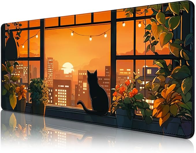 FLY SPRAY® Gaming Mouse Pad for Computer,XXL Cute Cat Mousepad Laptop,Anime Mouse Mat,Extended Large Black Japanese Waterproof Keyboard Pads,Non-Slip Mouse Pads for Game Office Home（31.5 x 11.9 in）
