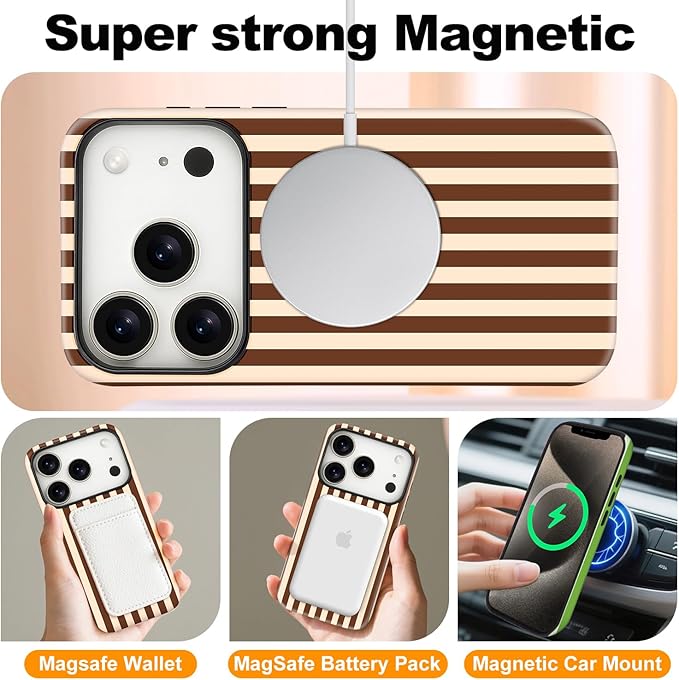 Magnetic for iPhone 17 Pro Case Cute Stripes Phone Case, Shockproof Slim TPU and Hard PC Protective Phone Cover Compatible with MagSafe Designed for Women Girls, Brown