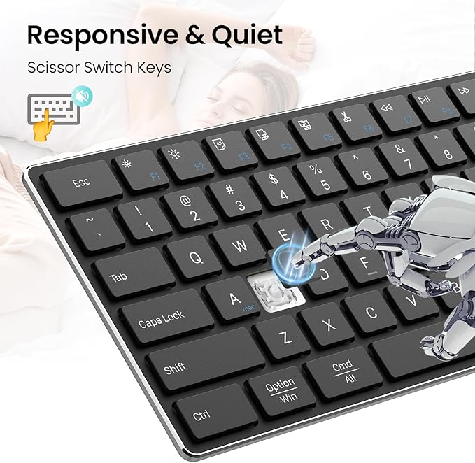 TIETI 2.4G Wireless Bluetooth Keyboard Rechargeable, Stainless Steel Ultra Slim Full Size Keyboard with Numeric Keypad Low Profile Silent Cordless Keyboards for Computer/Mac/Windows