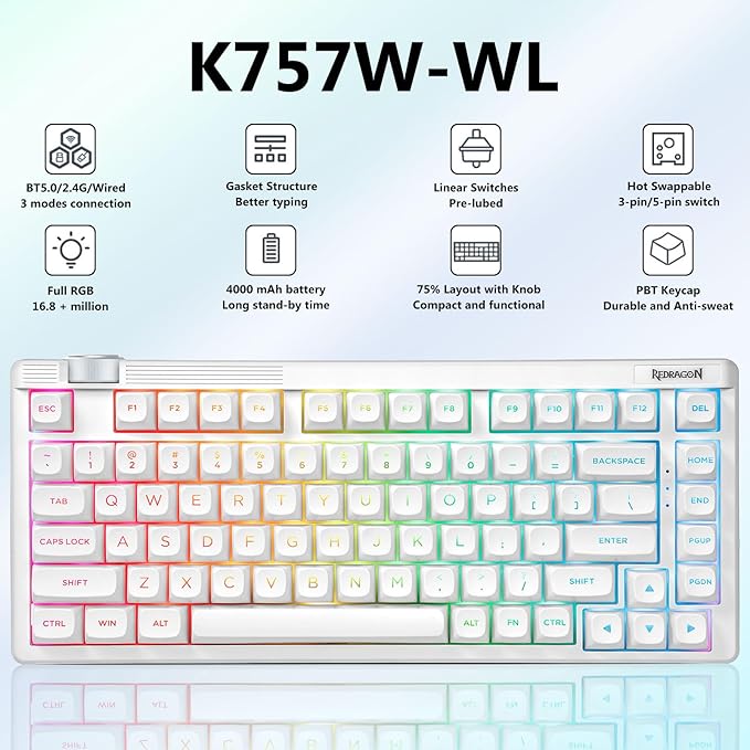 Redragon Wireless Mechanical Keyboard Creamy, Bluetooth/2.4GHz/USB-C Wired, 75% Hot Swappable Custom Gaming Keyboard with Knob, RGB Backlit, Pre-lubed Linear Switches, PBT Keycaps, White