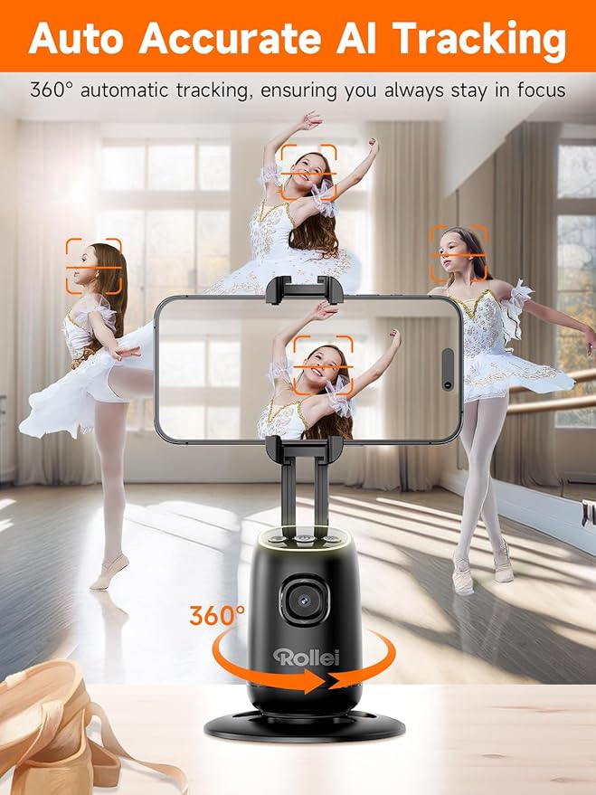 Rollei Auto Face Tracking Tripod, Desktop Smartphone Gimbal Stabilizer Phone Holder with AI Track for iPhone/Android Stand for Filming Streaming Tiktok Video Vlog