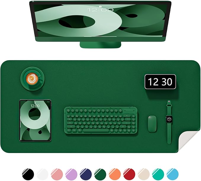 Desk Pad, 23.6" x 13.8" PU Leather Non-Slip Desk Mat Large Mouse Pad for Desktop, Waterproof Laptop Computer Writing Mat for Office, Home, Work, Gaming, Dark Green