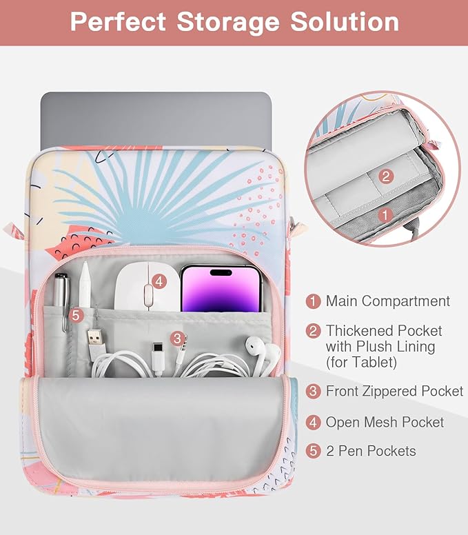 MoKo 13.3-14 Inch Laptop Sleeve Bag Fits Mac Neo 13-inch A18 Pro, Mac Pro 13.3" M2 2022/M5/M5 Pro/M5 Max 14.2" 2026, Mac Air 13.6" M5 2026, Handle Carrying Case with Shoulder Strap,Tropical Leaf