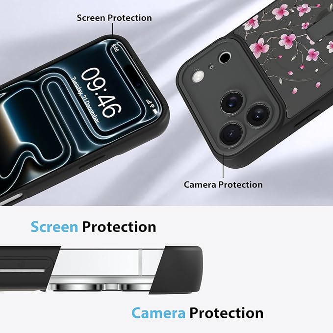 KANGHAR Compatible with iPhone 17 Pro Max Case, Magnetic Compatible with MagSafe, Cute Flower Floral Pattern Wristband Kickstand Full Camera Lens Shockproof Protective Case for Girls Women, Black