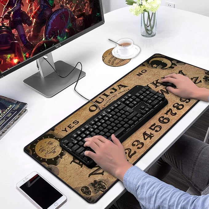Desk Pad Mat Gaming Mouse Pads with Coasters Set, Stitched Edges Design Mouse Pad XXL Large Mouse Pad for Laptop Computers Retro Ouija Board Desk Writing Mat for Office & Home 31.5x 11.8