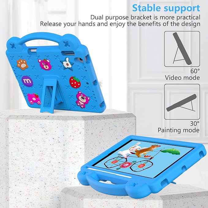 Dteck Kids Case for iPad 9.7 Inch 6th/5th Gen 2018/2017 & iPad Air 2/1 & iPad Pro 9.7,Strawberry Panda Shockproof Rugged Lightweight Pencil Holder Convertible Handles Stand Kid Friendly Case,Sky Blue