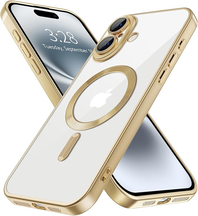 Hython Magnetic Clear for iPhone 16 Plus Case with Camera Lens Protector [Compatible with MagSafe] Luxury Plating Edge Slim Soft TPU Cover Protective Phone Case for iPhone 16 Plus, Matte Gold