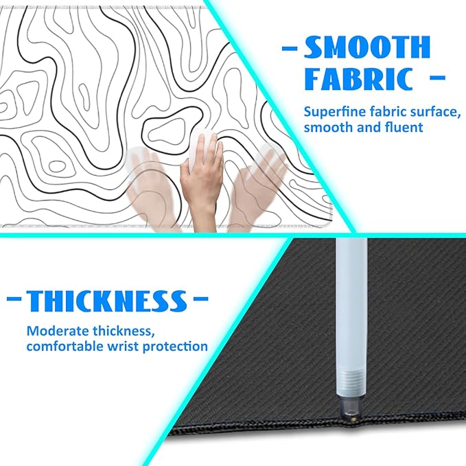 Desk Mat, White Topographic Contour Map Extended Gaming Mouse Pad Large, 31.5"x11.8" Big Mouse Pad with Non-Slip Base and Stitched Edge, Long Computer Keyboard Mouse Mat for Home Office Work