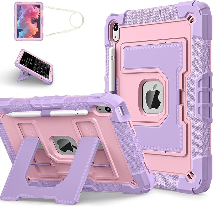 Kids Friendly Case for iPad A16 11th Generation 11 Inch 2025 / iPad 10th Generation 10.9" 2022 Case with Pencil Holder & Shoulder Strap, Hybrid iPad 11 10 Cover Rugged Shockproof Kickstand,Pink+Purple