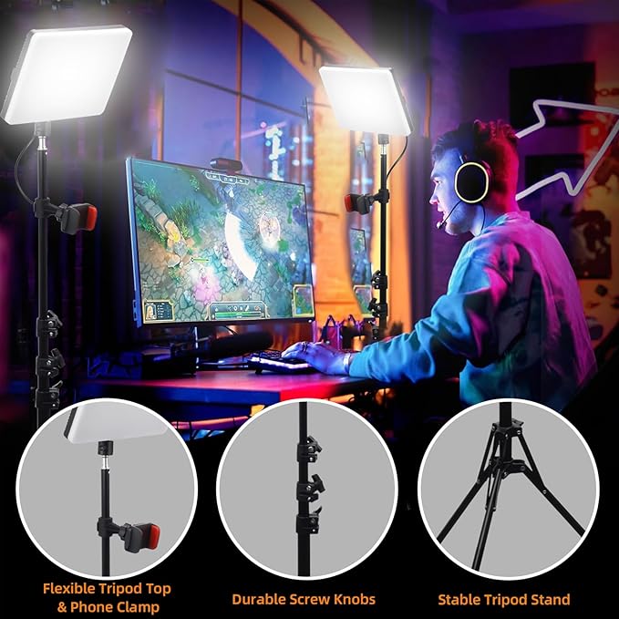 2-Pack LED Video Light Panel, 2700K-7500K Bi-Color Dimmable Photography Lighting Kit with 60" Tripod Stands & Phone Holders, CRI 95+ Studio Lights for Streaming, YouTube, TikTok, Zoom
