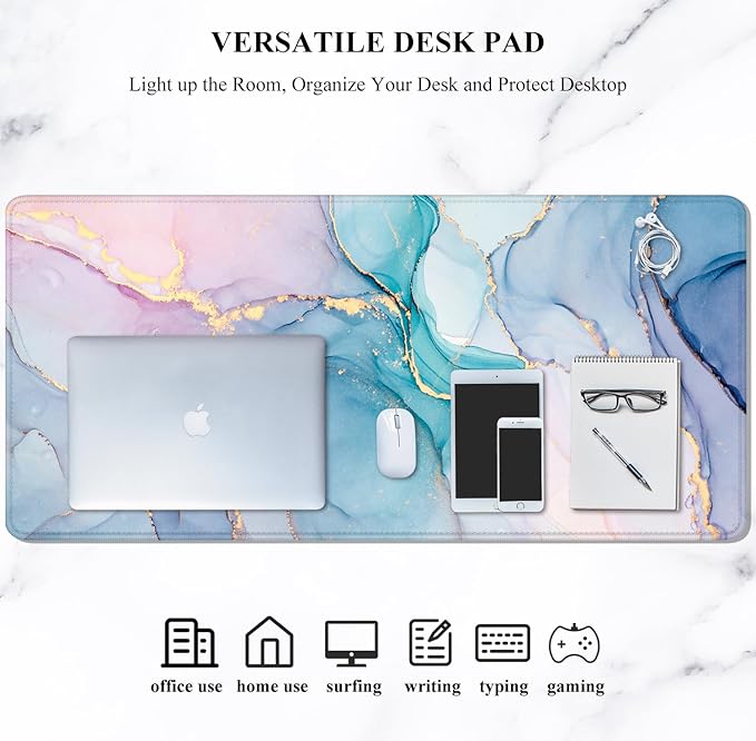Auhoahsil Large Gaming Mouse Pad, Marble Theme XXL 35.4 x 15.7 in Desk Pad Stitched Non-Slip Rubber Long Computer Mousepad Thin Extended Full Size Desk Mat for Desktop Laptop Wireless Mice, Teal Pink