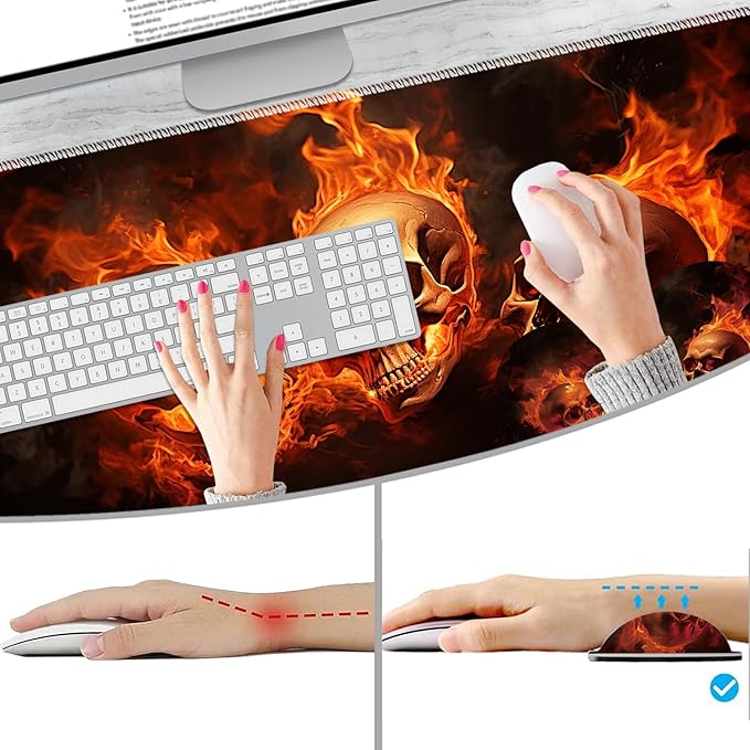 Extended Non-Slip Mouse Pad + Mouse Wrist Rest + Lace-Shaped Coaster Set, Ergonomic Design, Suitable for Desk and Home Gaming Table Mat, Fire Skulls